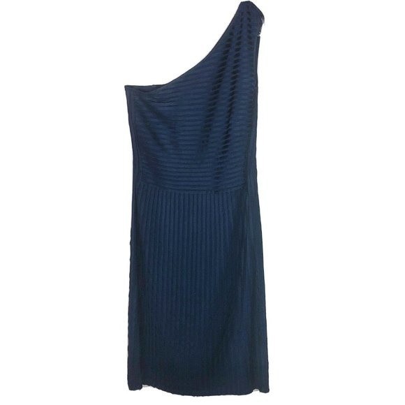 Adolfo Dominguez Designer Formal Midi Dress 6 One Shoulder Pintuck Navy Blue - Picture 3 of 14